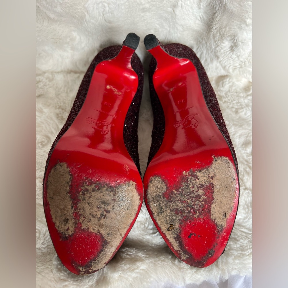 Christian Louboutin Very Prive 120 Burgundy Glitter Peep Toe Heels Size 38 US 8 - Picture 12 of 17